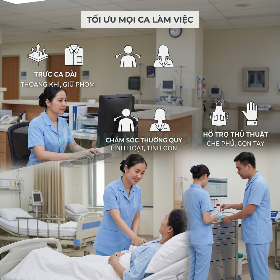 Đồng phục y tá màu xanh nhạt cho ca trực dài và chăm sóc bệnh nhân trong phòng bệnh viện hiện đại