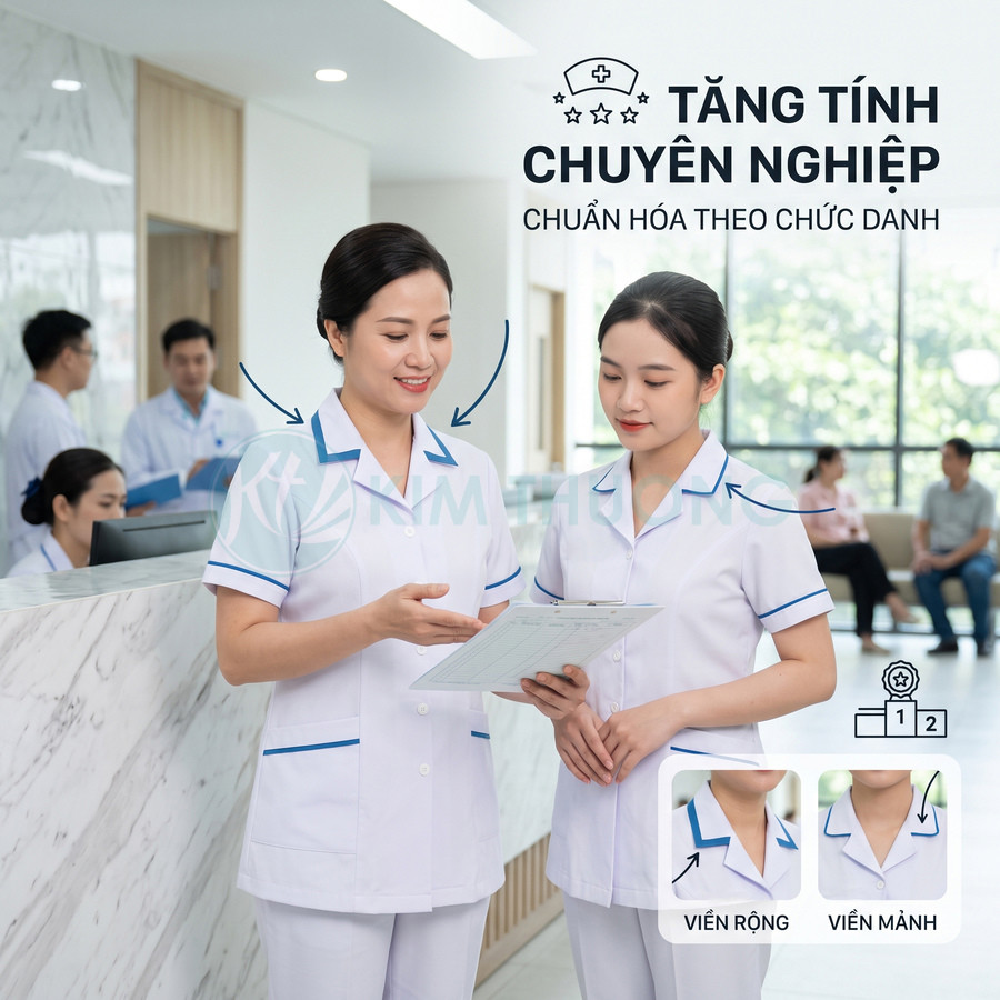 Đồng phục y tá nữ màu trắng viền xanh cổ bẻ tại quầy lễ tân bệnh viện hiện đại