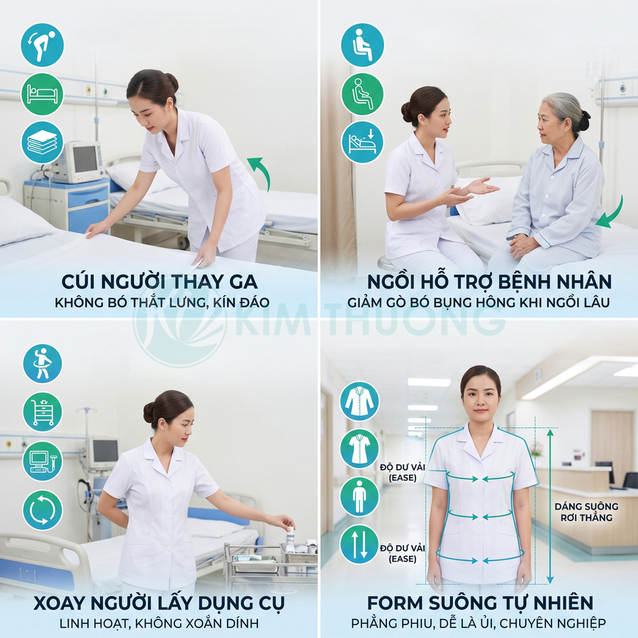 Đồng phục y tá nữ màu trắng form suông tự nhiên, dễ vận động khi chăm sóc và hỗ trợ bệnh nhân trong bệnh viện