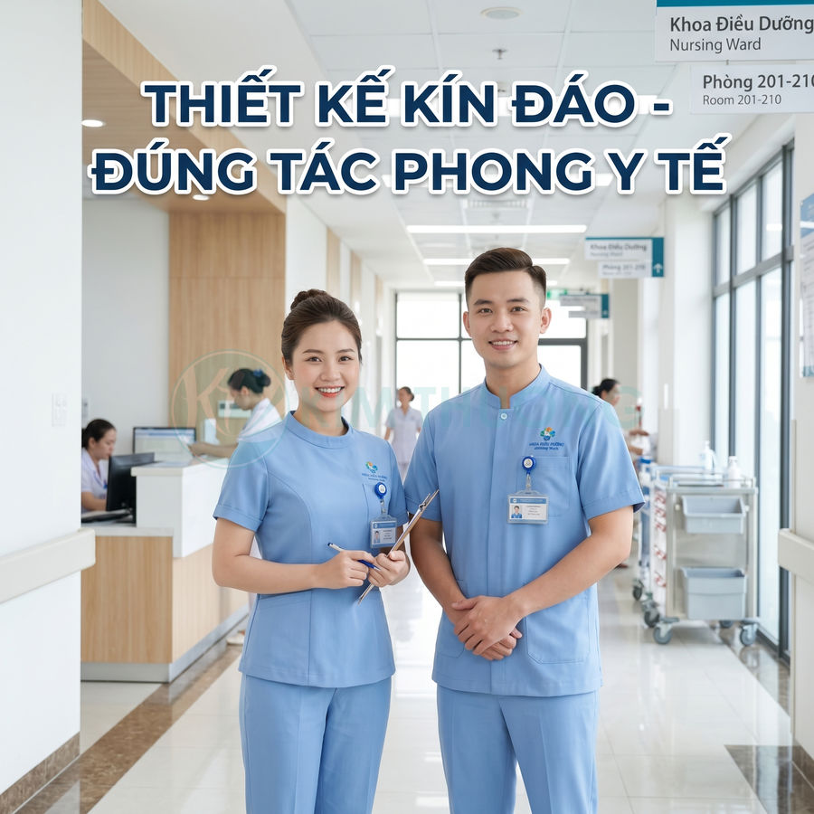 Đồng phục y tá màu xanh nhạt kín đáo, chuyên nghiệp trong hành lang bệnh viện hiện đại