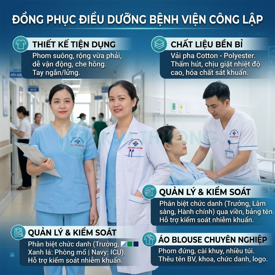 Đồng phục điều dưỡng bệnh viện công lập màu xanh và áo blouse trắng chuyên nghiệp trong phòng bệnh