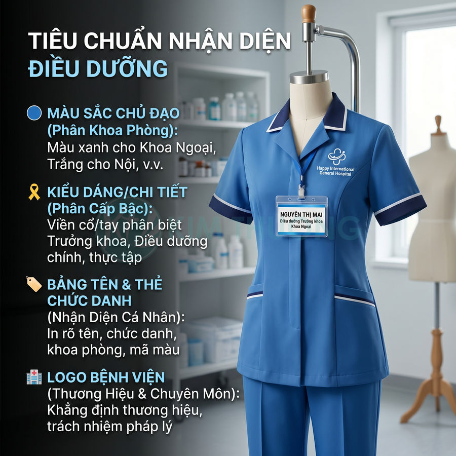 Đồng phục điều dưỡng màu xanh dương có logo bệnh viện và bảng tên Nguyễn Thị Mai trong phòng khám hiện đại