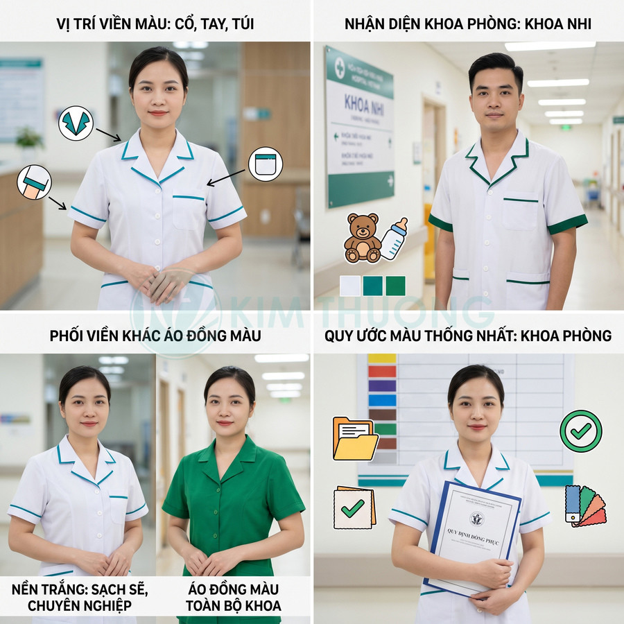 Đồng phục y tá bệnh viện màu trắng phối viền xanh, thiết kế cổ bẻ tay ngắn chuyên nghiệp sạch sẽ