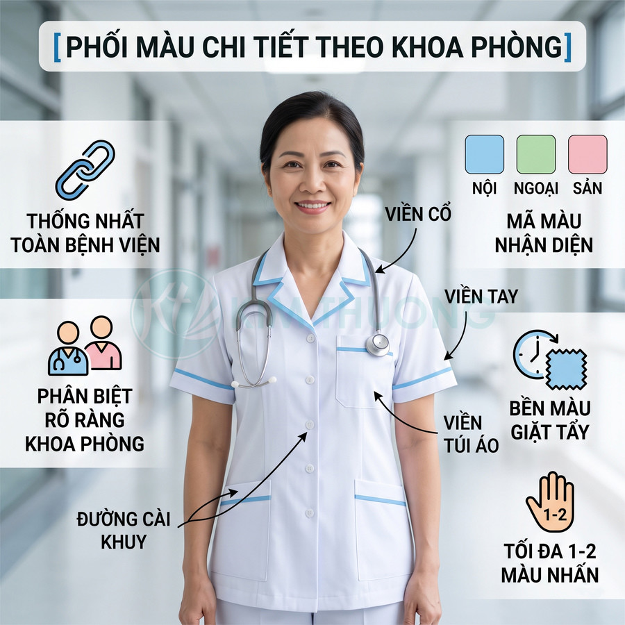 Đồng phục y tá nữ màu trắng viền xanh dương, thiết kế viền cổ tay túi áo, phối màu nhận diện theo khoa phòng