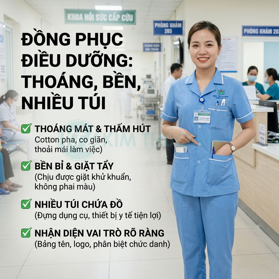 Nữ điều dưỡng mặc đồng phục y tá màu xanh nhiều túi đứng trong bệnh viện, giới thiệu ưu điểm đồng phục