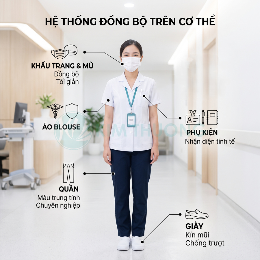 Nhân viên y tế mặc đồng phục áo blouse trắng quần xanh đậm mang thẻ tên khẩu trang và giày y tế trắng