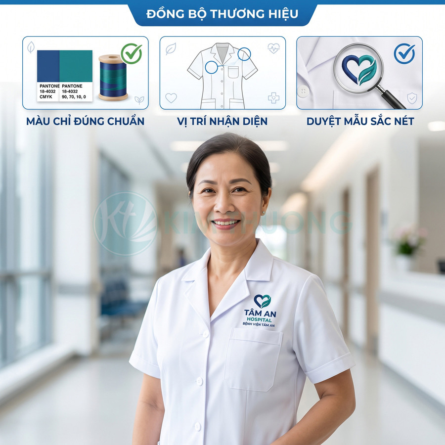 Đồng phục y tá bệnh viện Tâm An màu trắng logo trái tim xanh in ngực trái trong hành lang bệnh viện