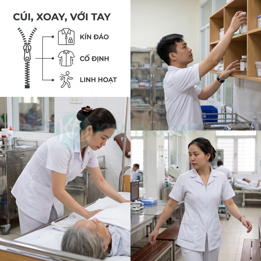 Đồng phục y tá màu trắng khóa kéo kín đáo linh hoạt khi cúi xoay và chăm sóc bệnh nhân trong bệnh viện