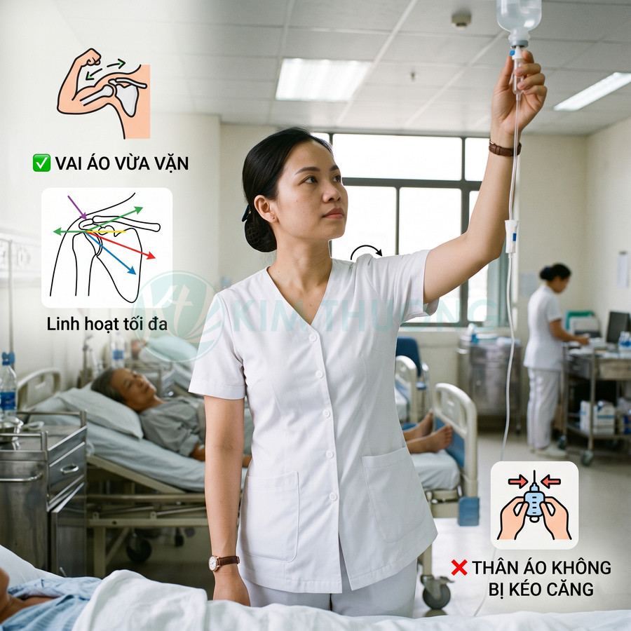 Đồng phục y tá nữ tay ngắn màu trắng linh hoạt, thoải mái khi nâng tay điều chỉnh chai truyền dịch