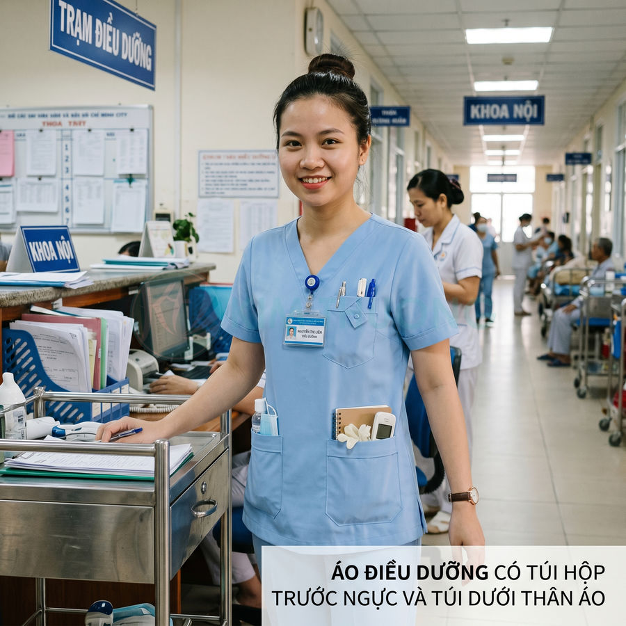 Áo điều dưỡng màu xanh dương có nhiều túi tiện dụng ở ngực và thân áo trong bệnh viện