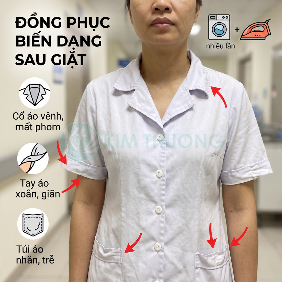 Đồng phục y tá màu trắng bị biến dạng sau giặt với cổ áo vênh tay áo xoắn và túi áo nhăn trễ