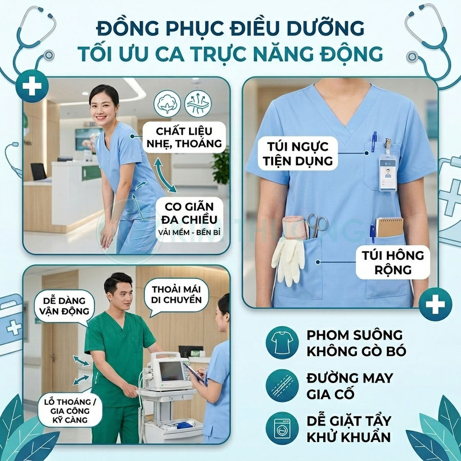 Đồng phục điều dưỡng màu xanh chất liệu nhẹ thoáng, nhiều túi tiện dụng, co giãn thoải mái khi làm việc