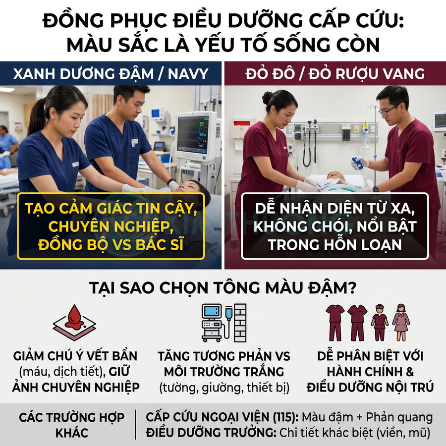 Infographic so sánh đồng phục điều dưỡng cấp cứu màu xanh navy và đỏ đô, nêu lý do chọn tông màu đậm
