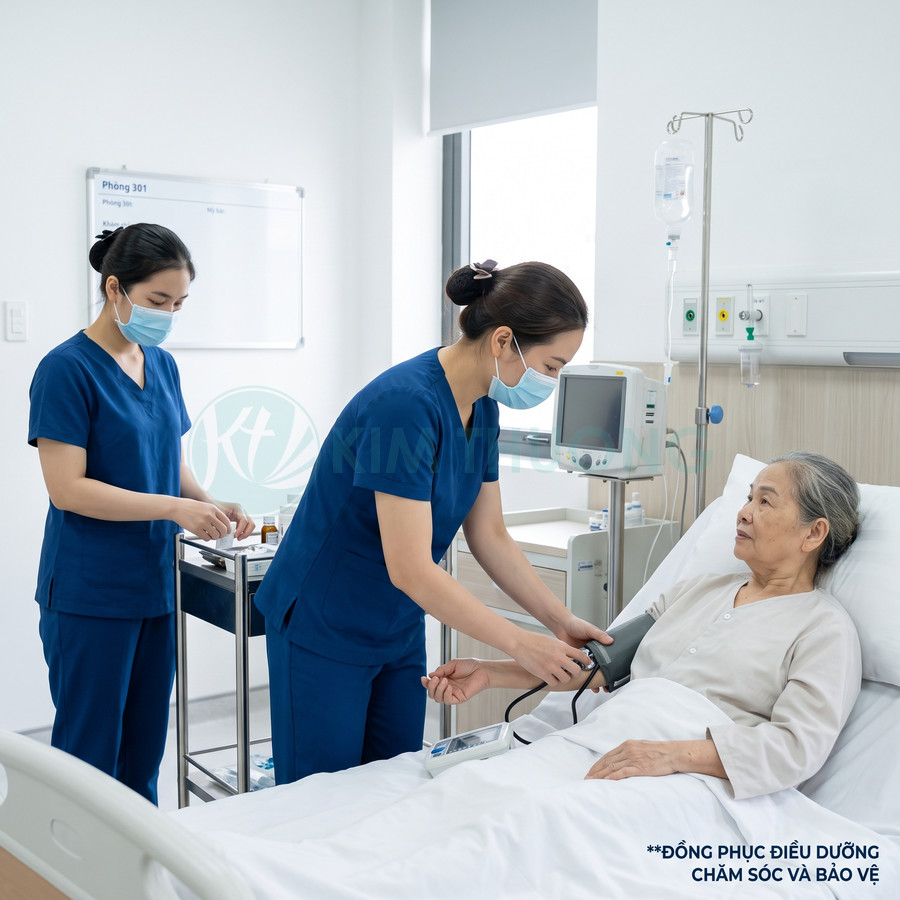 Đồng phục điều dưỡng màu xanh dương chăm sóc bệnh nhân cao tuổi nằm trên giường bệnh viện