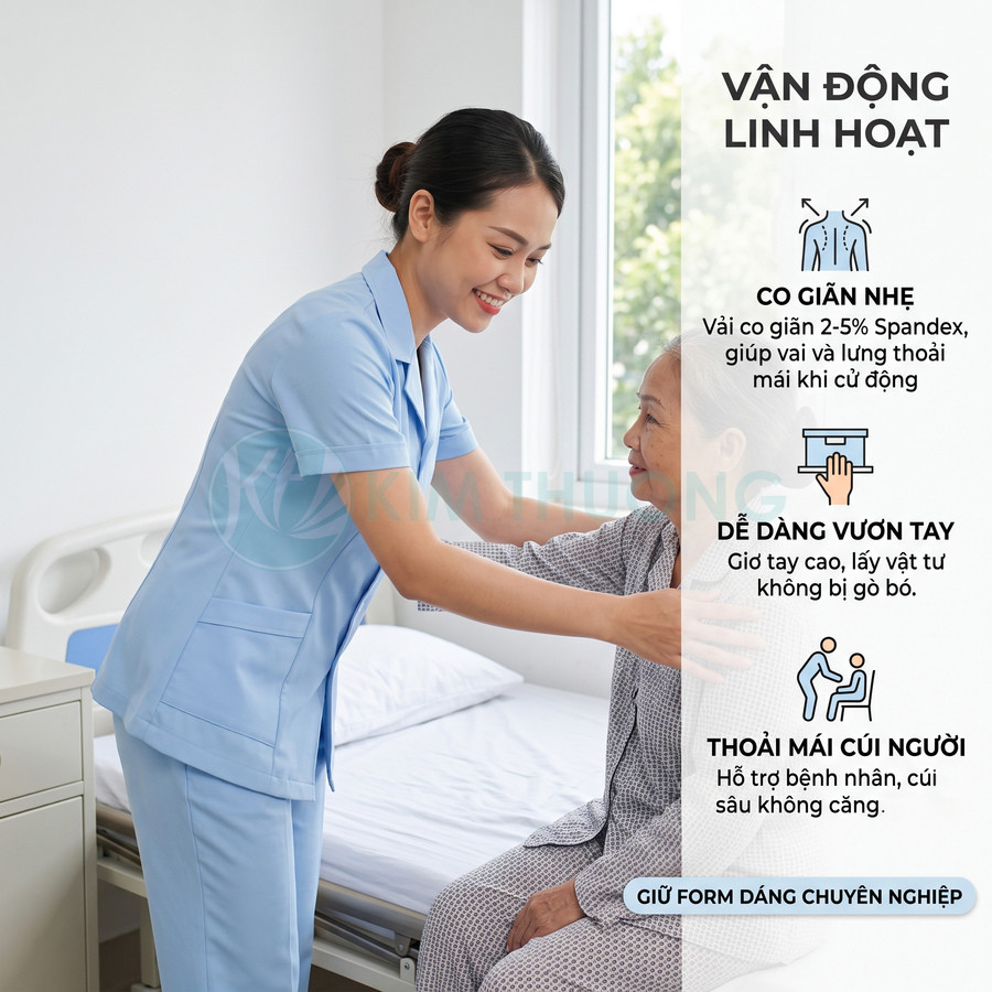 Đồng phục y tá màu xanh nhạt co giãn linh hoạt, hỗ trợ vận động thoải mái khi chăm sóc bệnh nhân