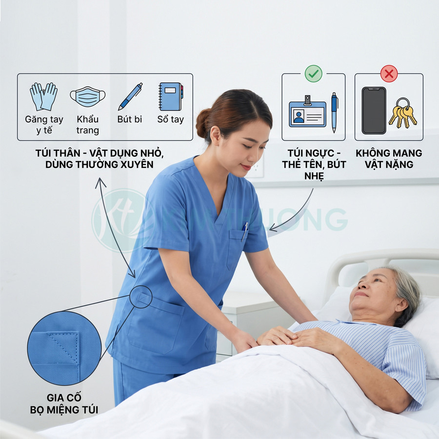 Đồng phục y tá màu xanh có nhiều túi tiện dụng khi chăm sóc bệnh nhân cao tuổi trên giường bệnh