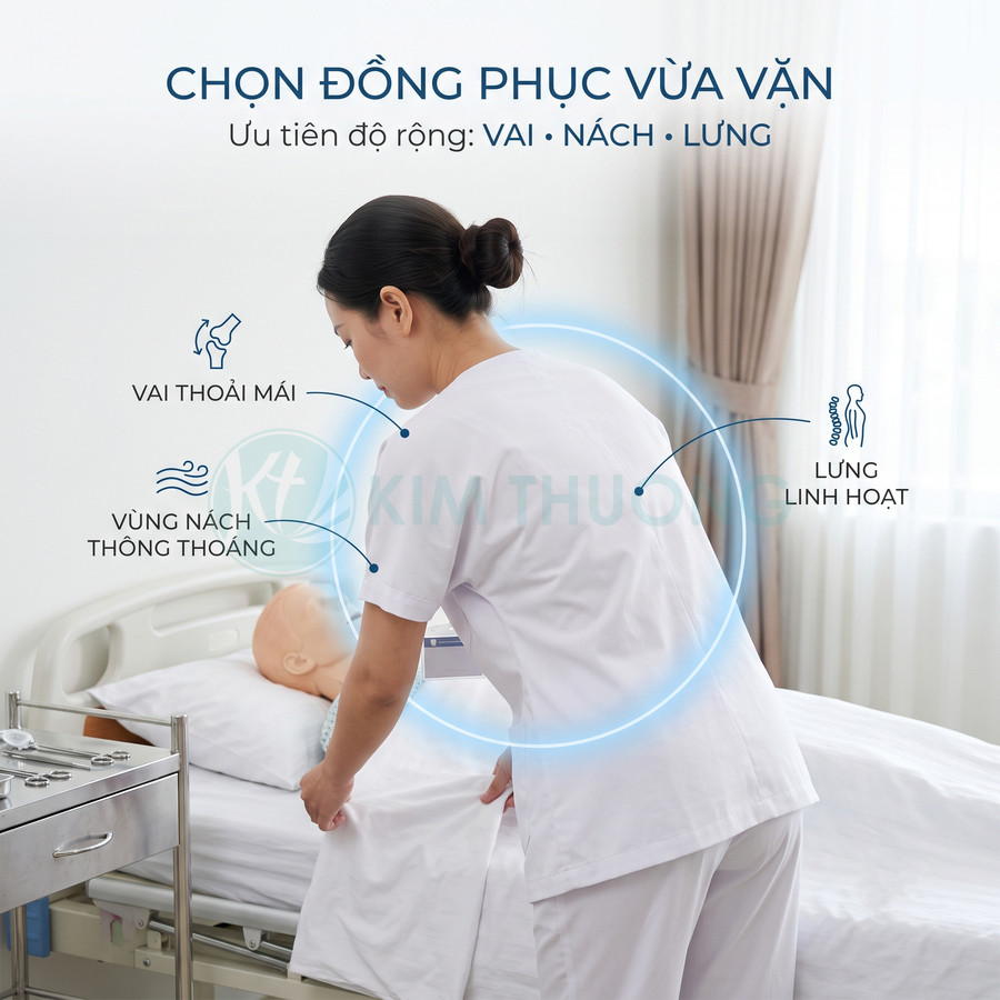 Đồng phục y tá Kim Thượng màu trắng thoải mái, thoáng vùng nách, linh hoạt khi chăm sóc bệnh nhân