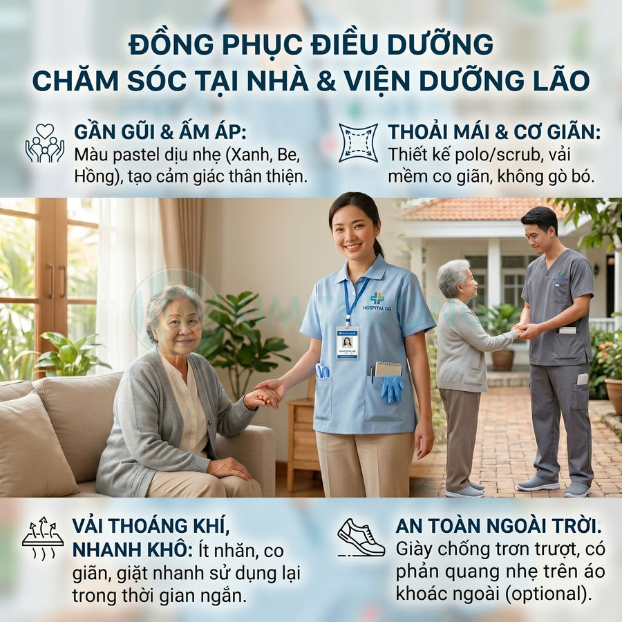 Đồng phục điều dưỡng chăm sóc người cao tuổi tại nhà và viện dưỡng lão, thiết kế polo scrub màu pastel thân thiện