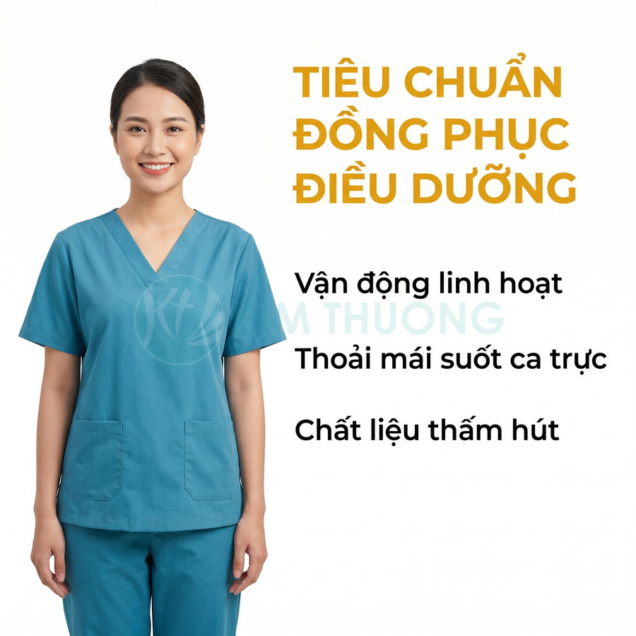 Đồng phục điều dưỡng màu xanh cổ tim, tay ngắn, quần dài, thiết kế thoải mái thấm hút cho ca trực