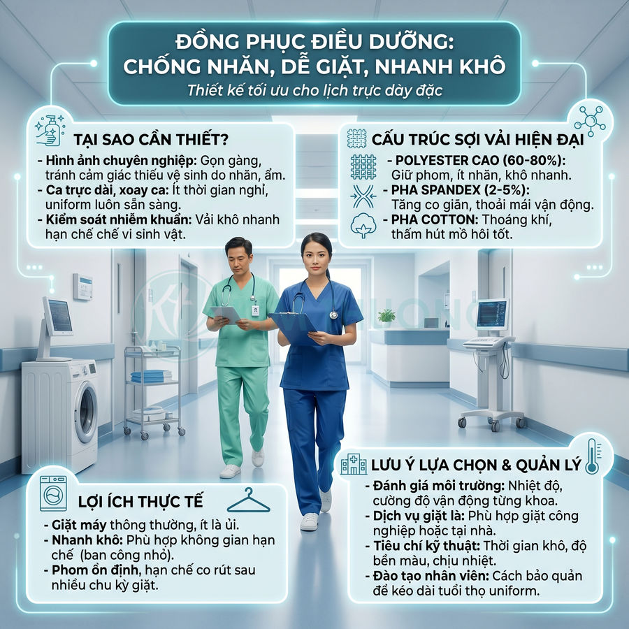 Đồng phục điều dưỡng chống nhăn dễ giặt nhanh khô, hai y tá mặc scrub xanh trong hành lang bệnh viện hiện đại