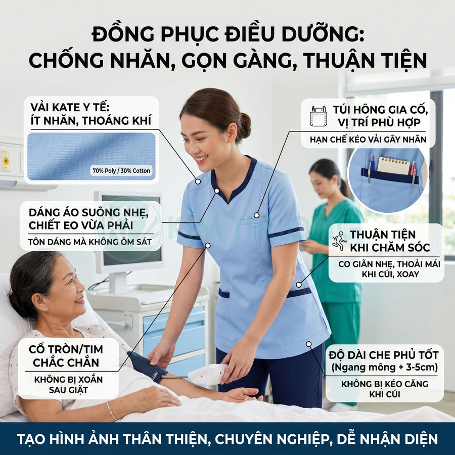 Đồng phục điều dưỡng nữ màu xanh nhạt cổ tim, vải kate y tế ít nhăn, túi hộp tiện dụng khi chăm sóc bệnh nhân