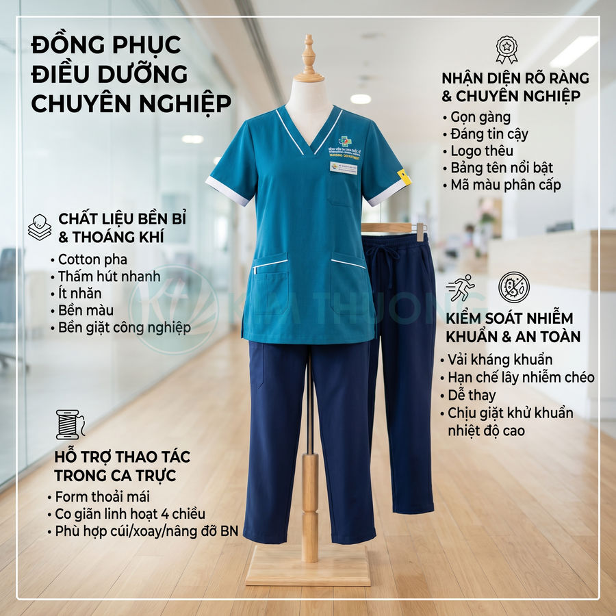 Đồng phục điều dưỡng màu xanh cổ tim, quần dài xanh đậm chất liệu cotton pha thoáng khí trên ma nơ canh trong bệnh viện