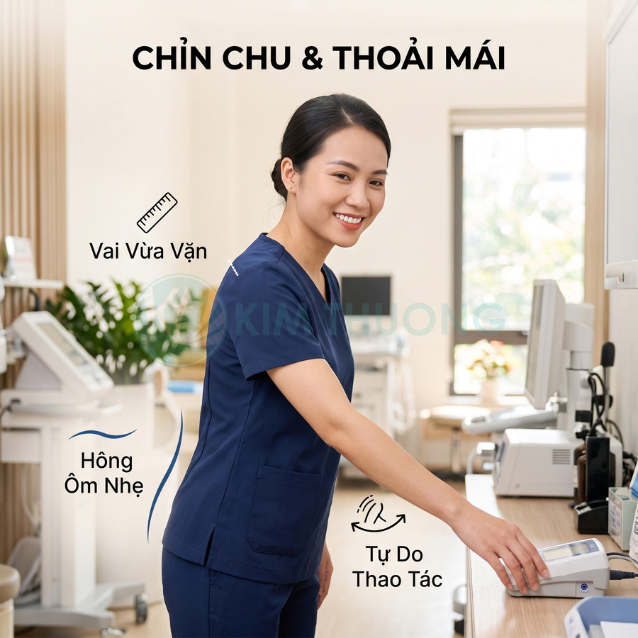 Nữ nhân viên y tế mặc đồng phục scrub xanh navy đứng trong phòng khám hiện đại, tay thao tác trên thiết bị y tế