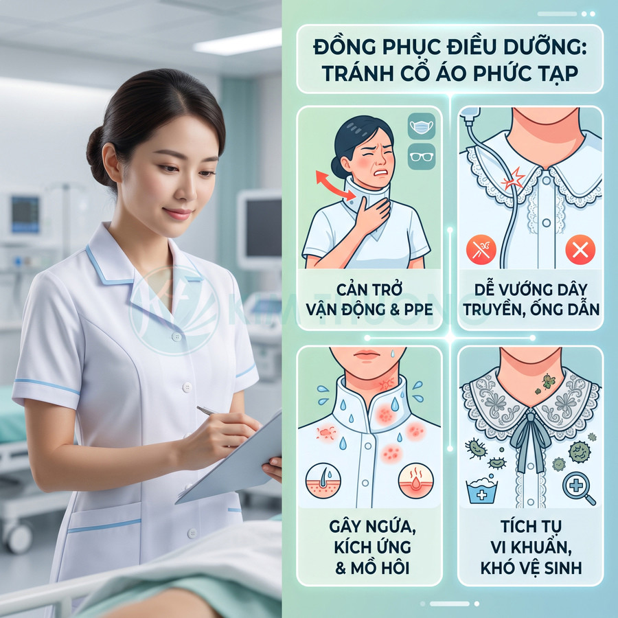 Đồng phục điều dưỡng cổ đơn giản màu trắng, minh họa lý do nên tránh cổ áo phức tạp khi làm việc