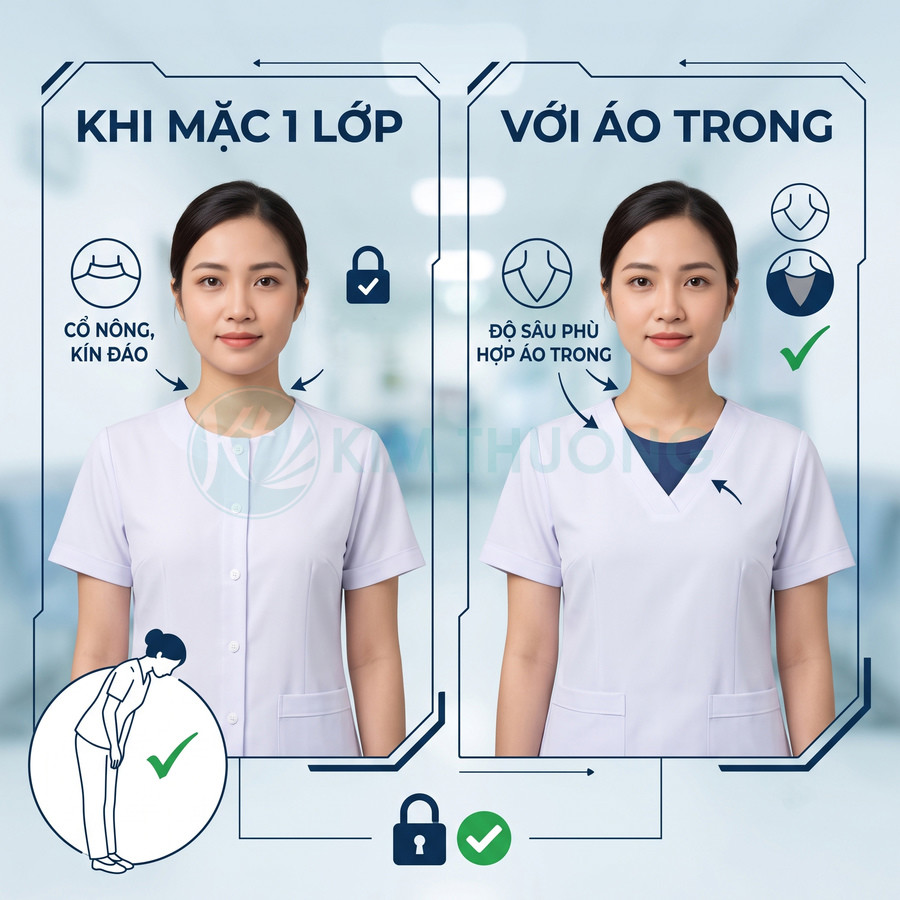 Đồng phục y tá nữ cổ kín và cổ chữ V phối áo trong màu tối, thiết kế kín đáo, lịch sự
