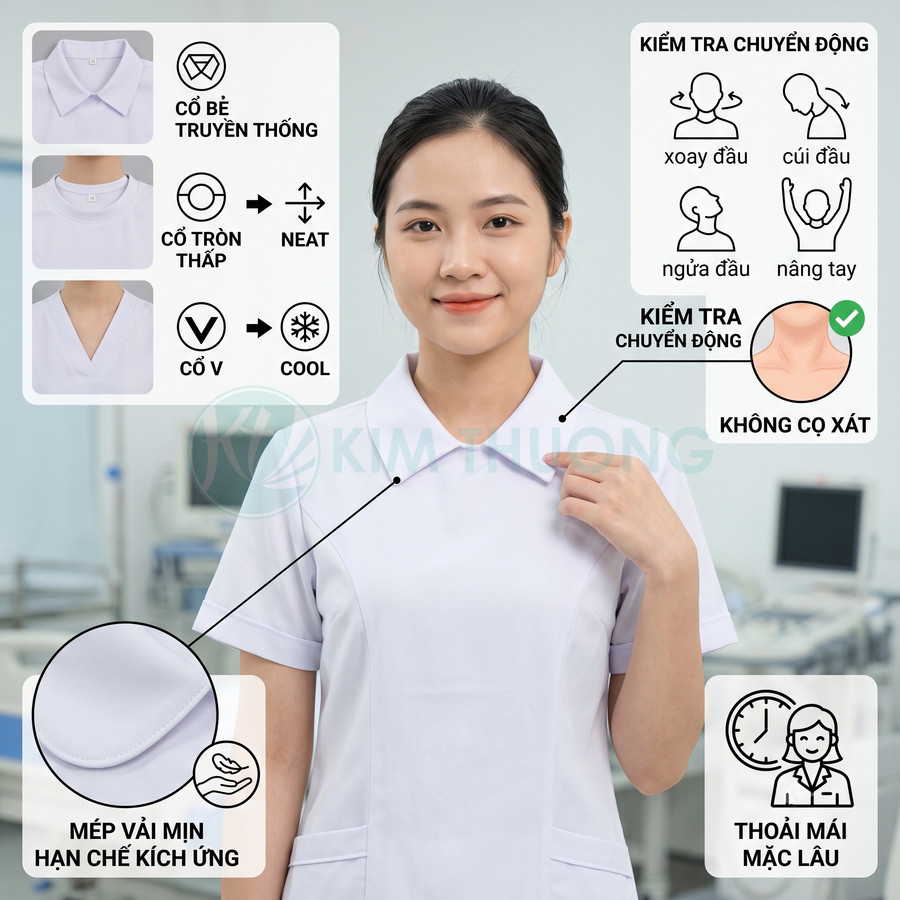Đồng phục y tá cổ bẻ màu trắng chất liệu mềm mịn, hạn chế kích ứng, thoải mái vận động và mặc lâu