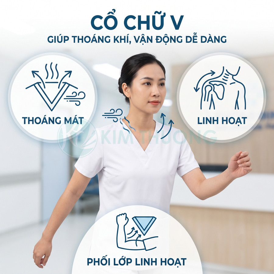 Đồng phục y tá cổ chữ V màu trắng thoáng mát linh hoạt khi vận động