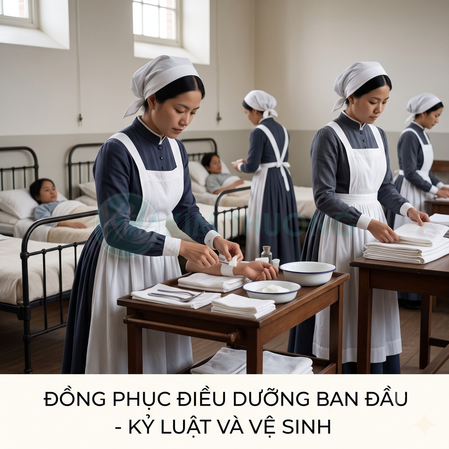 Đồng phục điều dưỡng cổ điển màu xanh navy tạp dề trắng trong phòng bệnh viện sạch sẽ