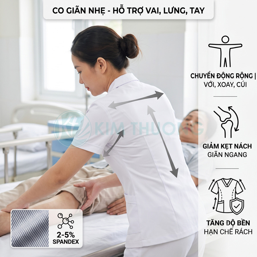Đồng phục y tá co giãn nhẹ hỗ trợ vận động vai lưng tay khi chăm sóc bệnh nhân trên giường bệnh