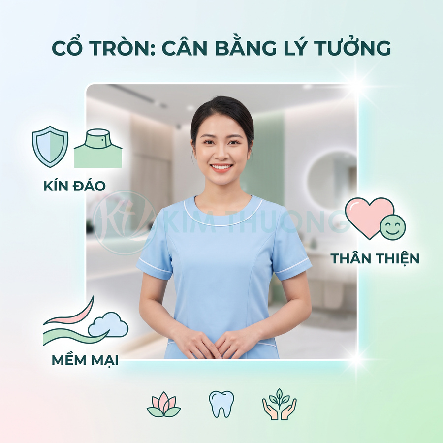 Đồng phục y tá cổ tròn màu xanh nhạt kín đáo mềm mại, tạo cảm giác thân thiện trong phòng khám hiện đại