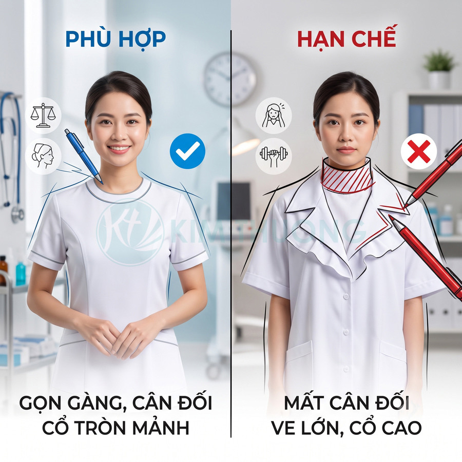 So sánh đồng phục y tá cổ tròn gọn gàng và áo blouse cổ cao ve lớn kém cân đối
