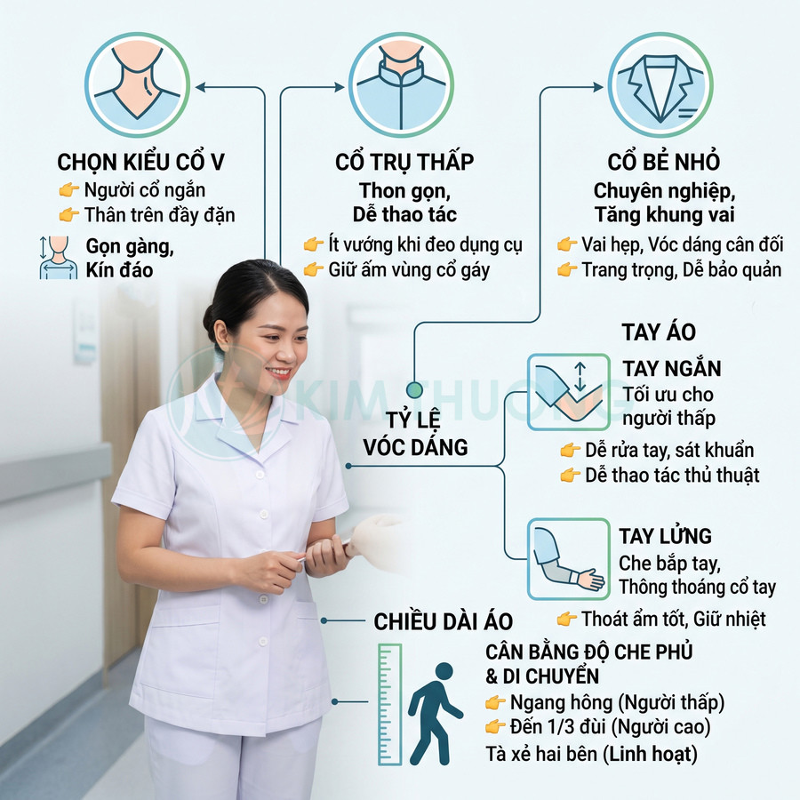Nữ y tá mặc đồng phục y tế màu trắng cổ bẻ tay ngắn đứng trong hành lang bệnh viện