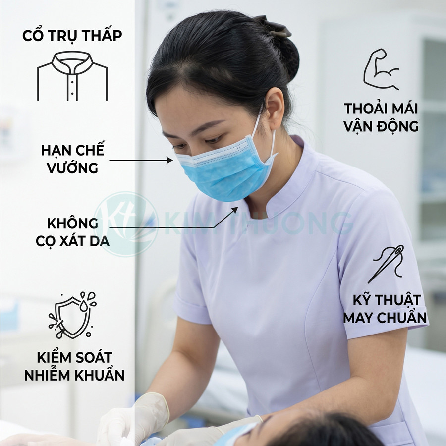 Đồng phục y tá cổ trụ thấp màu trắng xanh, chất liệu mềm mại, thoải mái vận động và kiểm soát nhiễm khuẩn