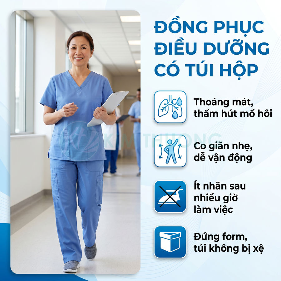 Đồng phục điều dưỡng màu xanh có túi hộp, chất liệu thoáng mát co giãn, ít nhăn, phù hợp làm việc bệnh viện