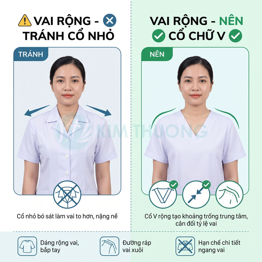 So sánh đồng phục y tá cổ sơ mi và cổ chữ V cho người vai rộng, gợi ý chọn áo cổ V rộng cân đối vai