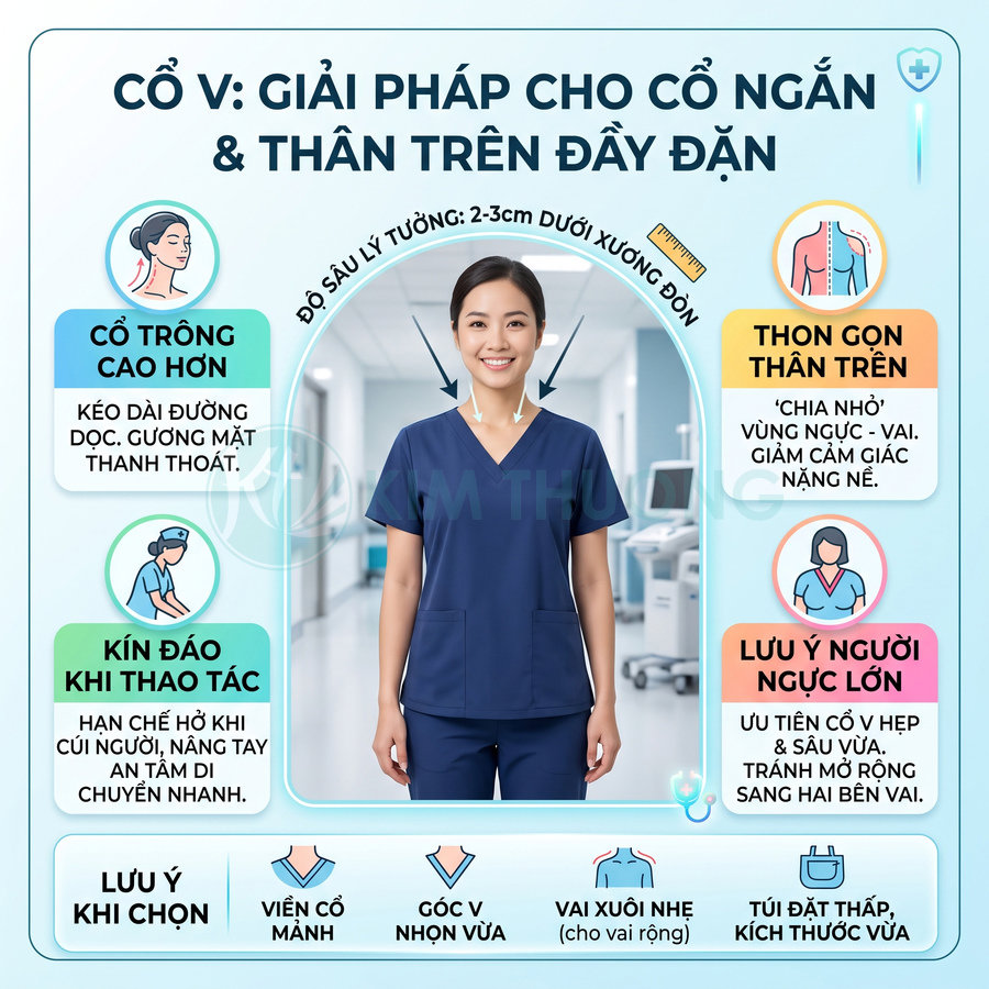 Đồng phục y tá cổ chữ V màu xanh navy tôn dáng cho người cổ ngắn và thân trên đầy đặn