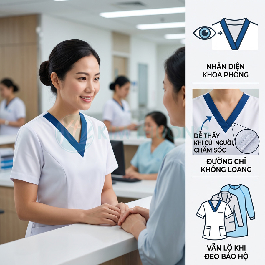 Đồng phục y tá cổ tim viền xanh chất liệu bền đẹp, đường chỉ không loang, dễ nhận diện khoa phòng trong bệnh viện
