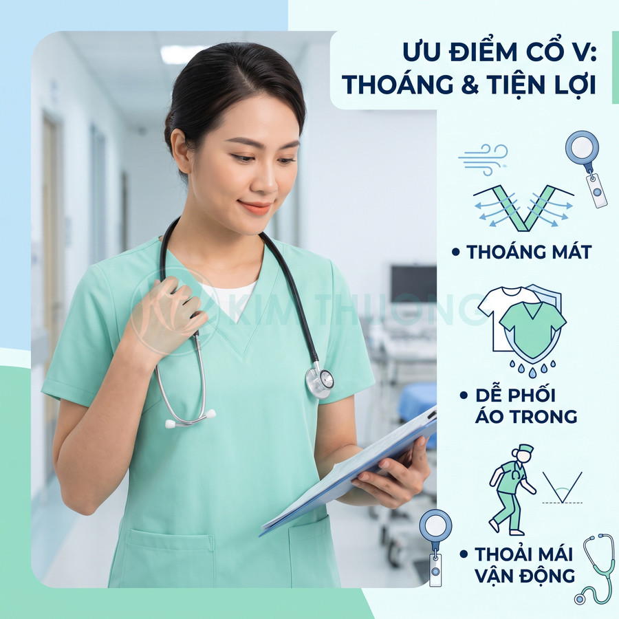 Nữ y tá mặc đồng phục y tế cổ V màu xanh mint cầm hồ sơ, giới thiệu ưu điểm áo thoáng mát và dễ vận động
