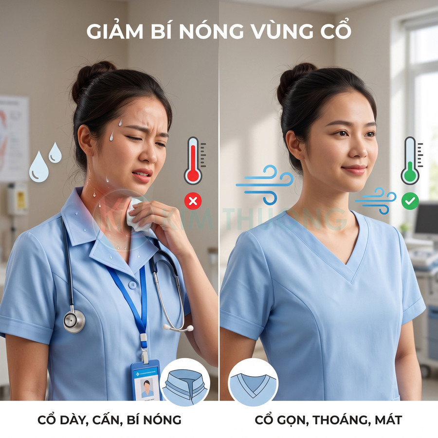 Đồng phục y tá cổ tim thoáng mát so sánh với áo cổ dày bí nóng giúp giảm mồ hôi vùng cổ