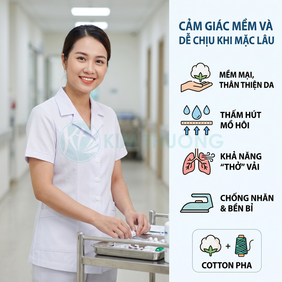 Đồng phục y tá cotton pha màu trắng mềm mại, thấm hút mồ hôi, thoáng khí, chống nhăn, phù hợp mặc lâu trong bệnh viện