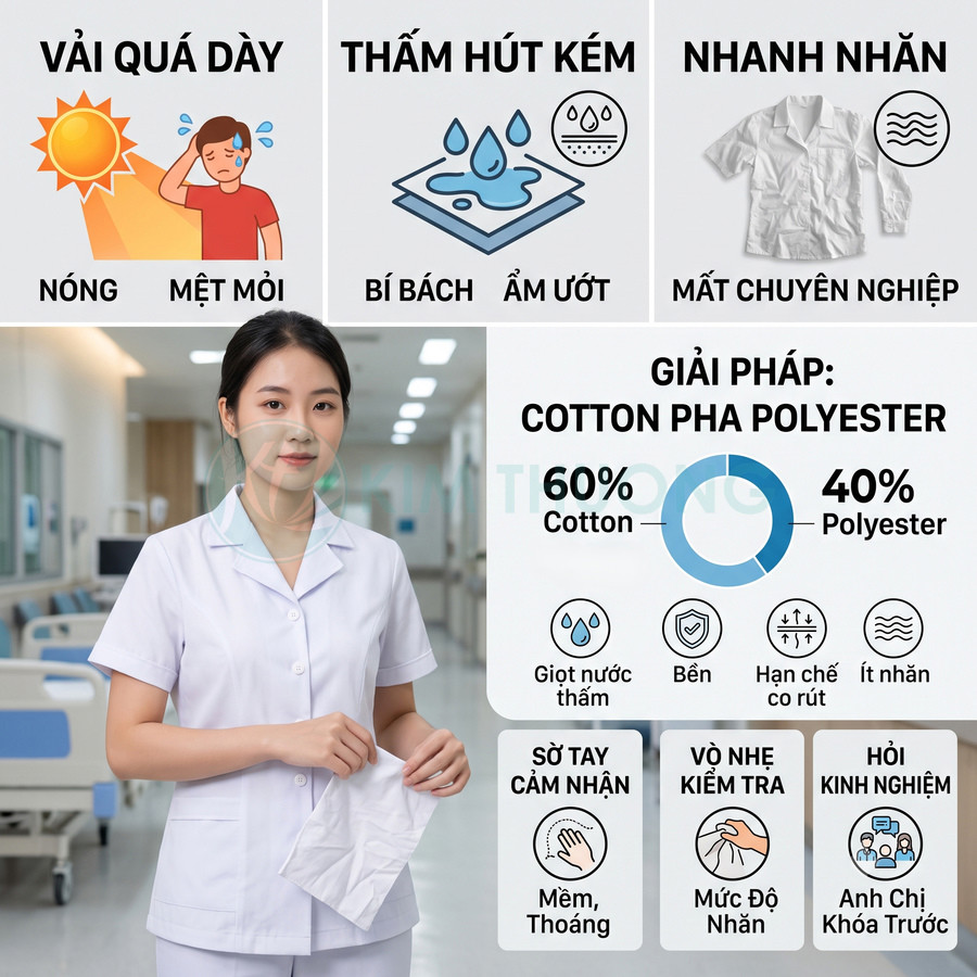Đồng phục y tá nữ màu trắng chất liệu cotton pha polyester thấm hút tốt ít nhăn trong bệnh viện