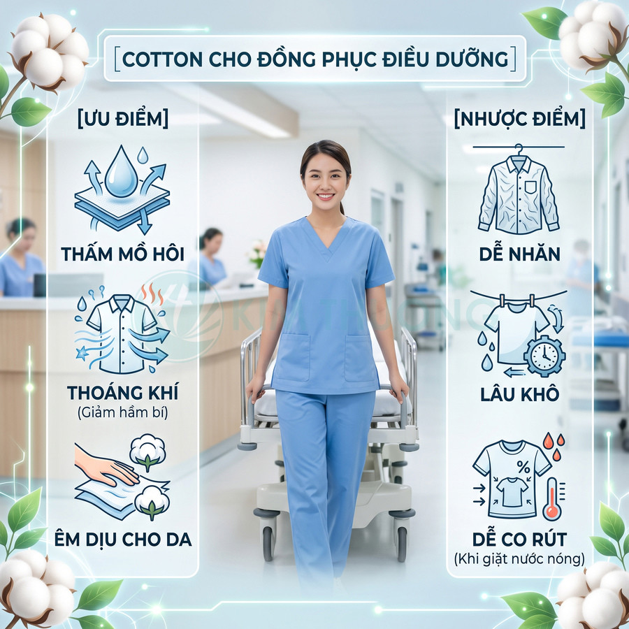 Đồng phục điều dưỡng vải cotton màu xanh dương với ưu nhược điểm thấm mồ hôi, thoáng khí, dễ nhăn, dễ co rút