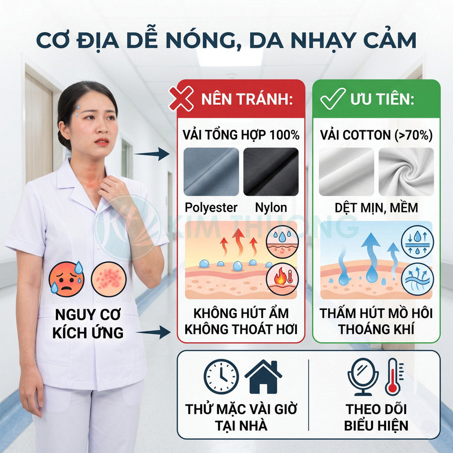 Đồng phục y tá da nhạy cảm nên tránh vải polyester nylon, ưu tiên vải cotton thấm hút mồ hôi thoáng khí