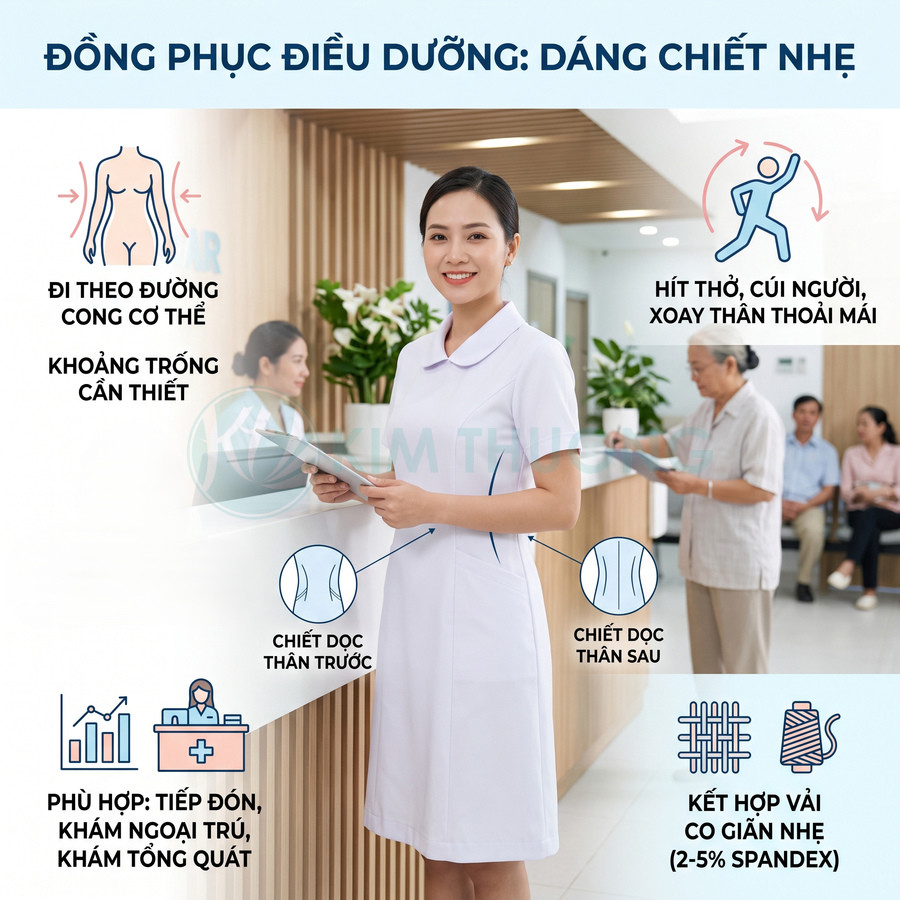 Đồng phục điều dưỡng dáng chiết nhẹ màu trắng cho nữ, chất liệu co giãn, phù hợp tiếp đón và khám tổng quát
