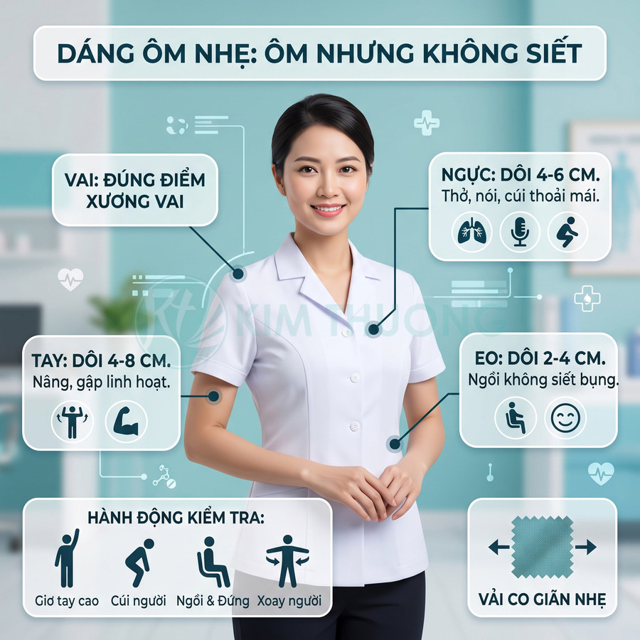 Đồng phục y tá nữ Kim Khuê dáng ôm nhẹ, vải co giãn, thiết kế thoải mái cho vận động và làm việc