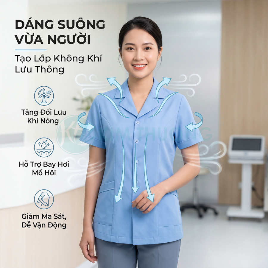 Đồng phục y tá nữ màu xanh dáng suông vừa người, chất liệu thoáng khí hỗ trợ lưu thông không khí và giảm mồ hôi